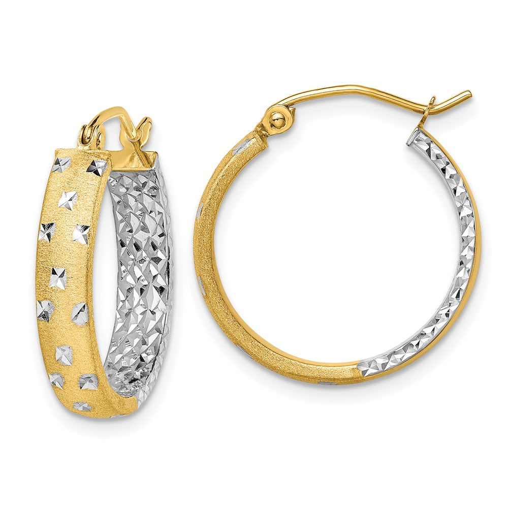 10K Yellow W/Rhodium W/White Rhodium Satin Polished Diamond-Cut In/Out Hoop Earrings