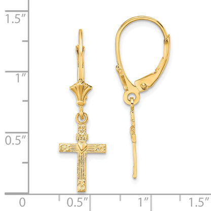 10K Yellow Gold 10K Textured Heart In Cross Leverback Earrings