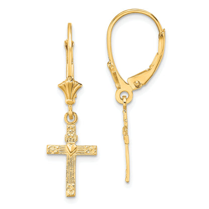 10K Yellow Gold 10K Textured Heart In Cross Leverback Earrings