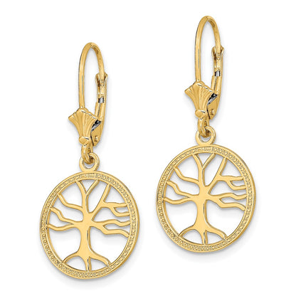 10K Yellow Gold 10K Tree Of Life In Round Frame Leverback Earrings