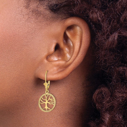 10K Yellow Gold 10K Tree Of Life In Round Frame Leverback Earrings