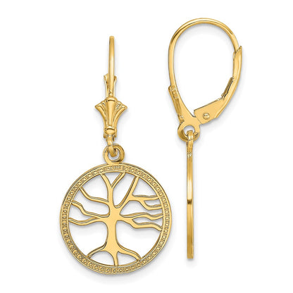 10K Yellow Gold 10K Tree Of Life In Round Frame Leverback Earrings