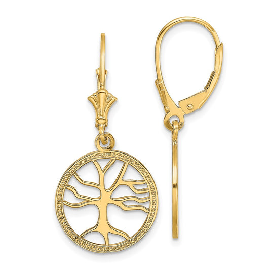 10K Yellow Gold 10K Tree Of Life In Round Frame Leverback Earrings