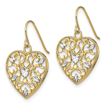 10K Yellow W/Rhodium W/ Rh Filigree Cut-Out Heart Wire Earrings