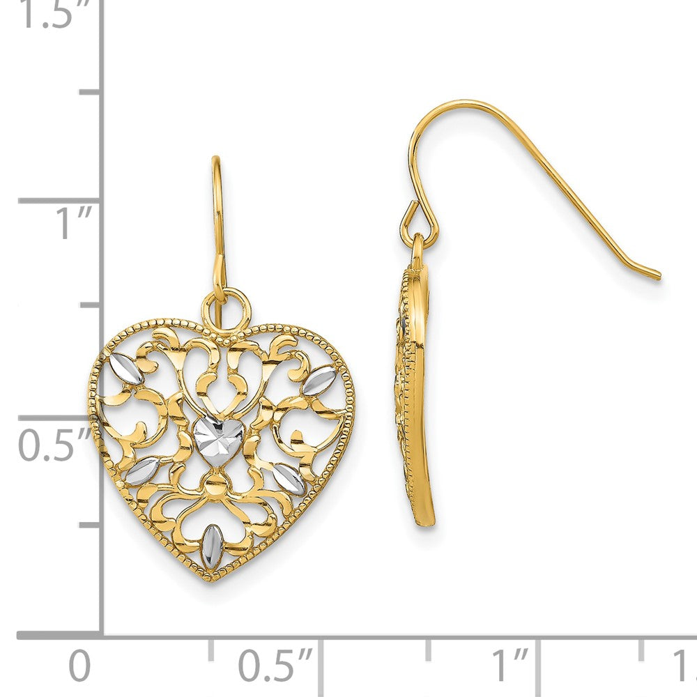 10K Yellow W/Rhodium W/ Rh Filigree Cut-Out Heart Wire Earrings