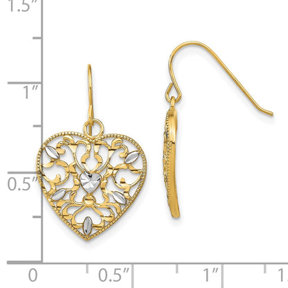 10K Yellow W/Rhodium W/ Rh Filigree Cut-Out Heart Wire Earrings