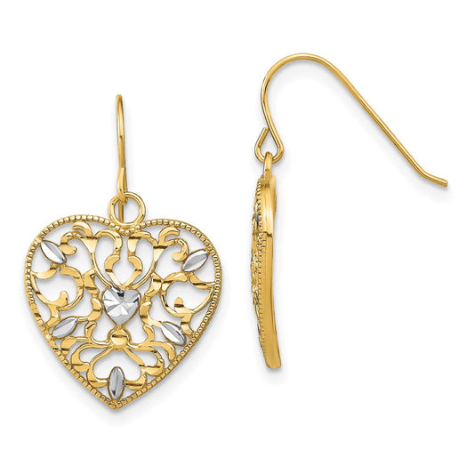 10K Yellow W/Rhodium W/ Rh Filigree Cut-Out Heart Wire Earrings