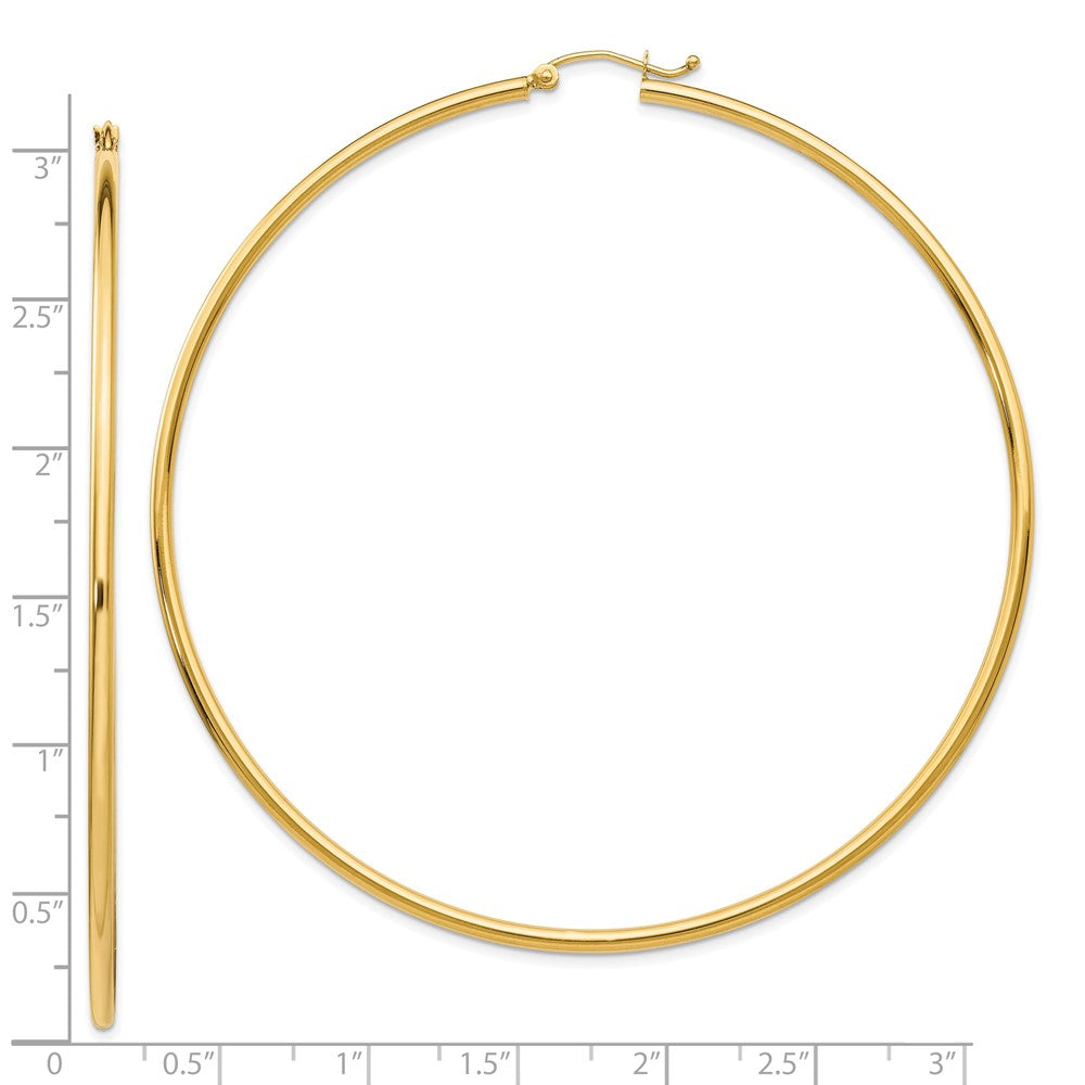 10K Yellow Gold Polished 2X75mm Lightweight Tube Hoop Earrings