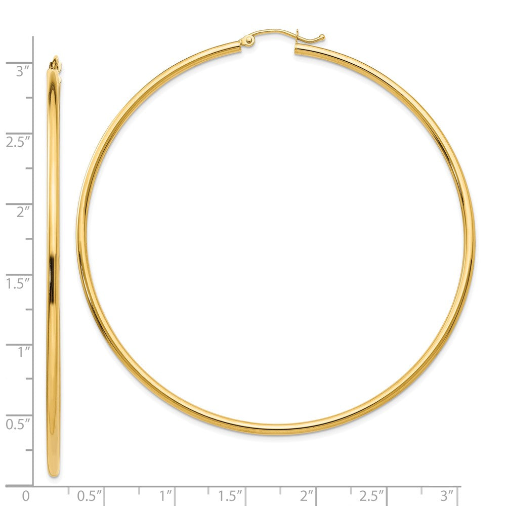 10K Yellow Gold Polished 2X70mm Lightweight Tube Hoop Earrings
