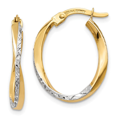 10K Yellow W/Rhodium W/White Rhodium Textured And Polished Oval Hoop Earrings