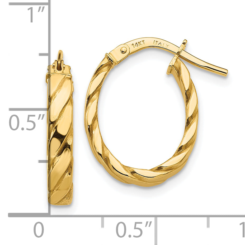 10K Yellow Gold 3mm Patterned Oval Hoop Earrings