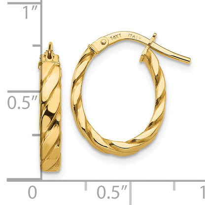 10K Yellow Gold 3mm Patterned Oval Hoop Earrings