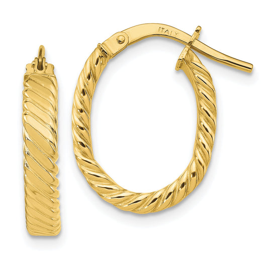 10K Yellow Gold 3mm Patterned Oval Hoop Earrings