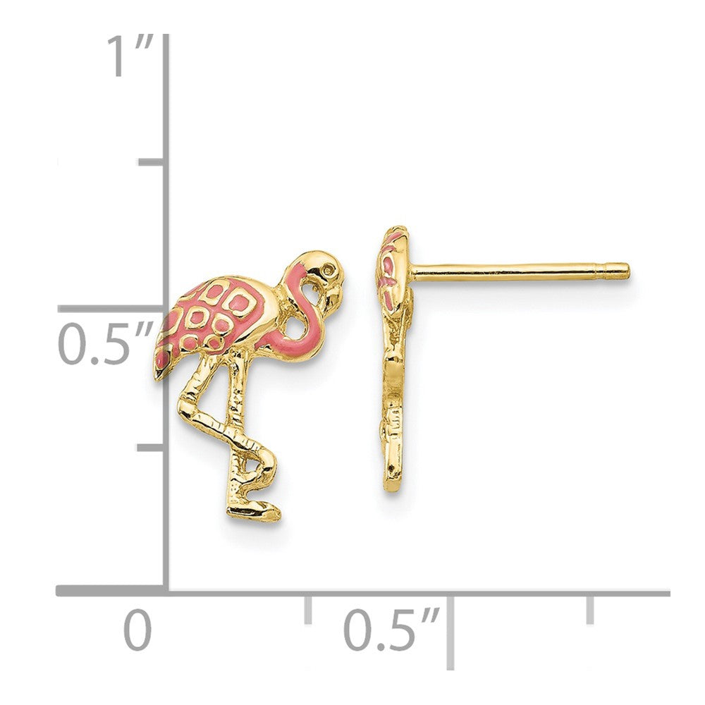 10K Yellow Gold Pink Enameled Flamingo Post Earrings