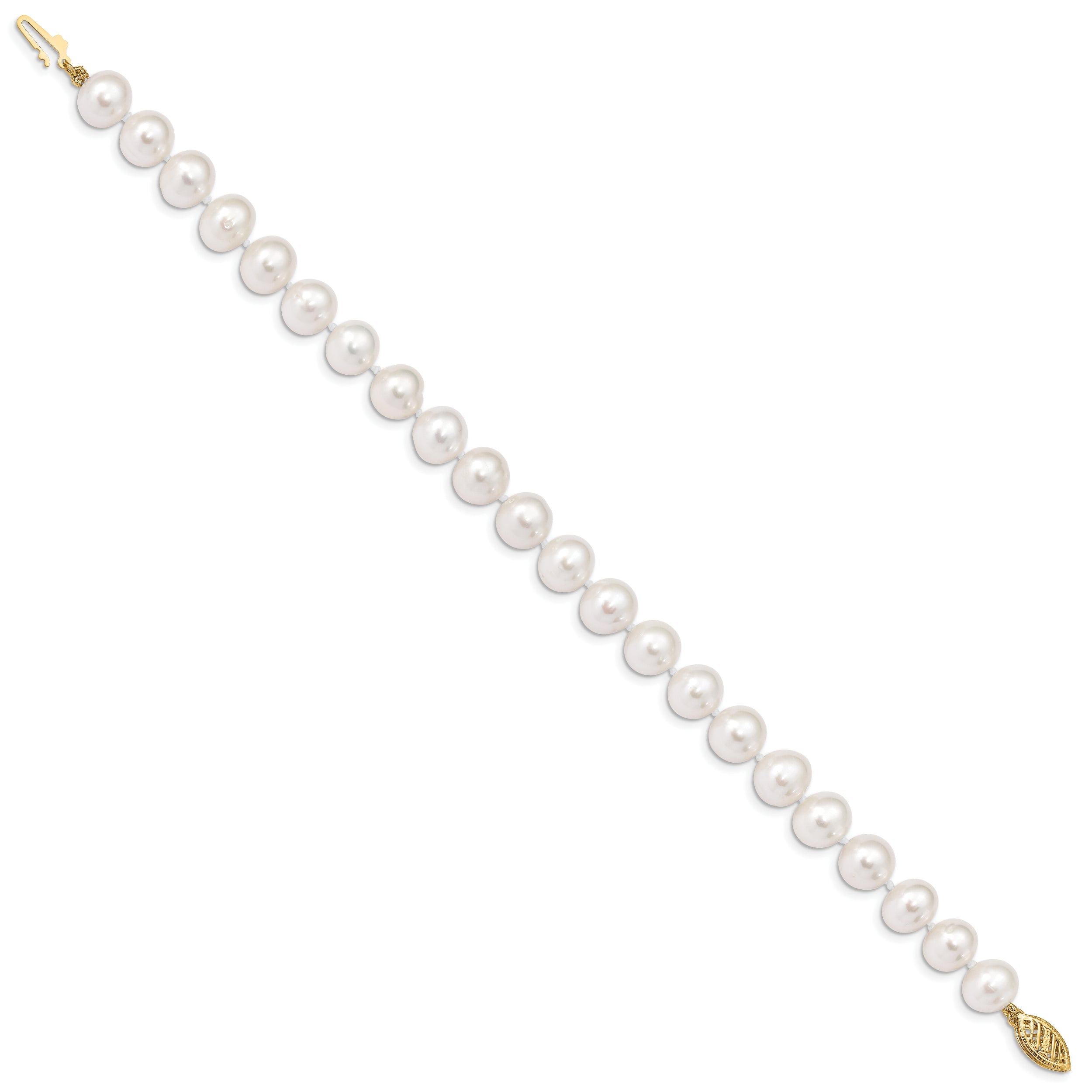 10K Yellow Gold 8-9mm White Near Round Freshwater Cultured Pearl 7.5 Inch Bracelet