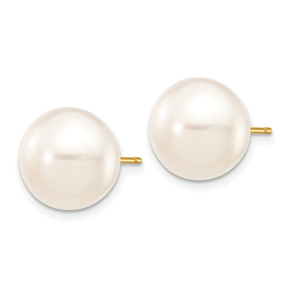10K Yellow Gold 11-12mm White Button Freshwater Cultured Pearl Stud Post Earrings
