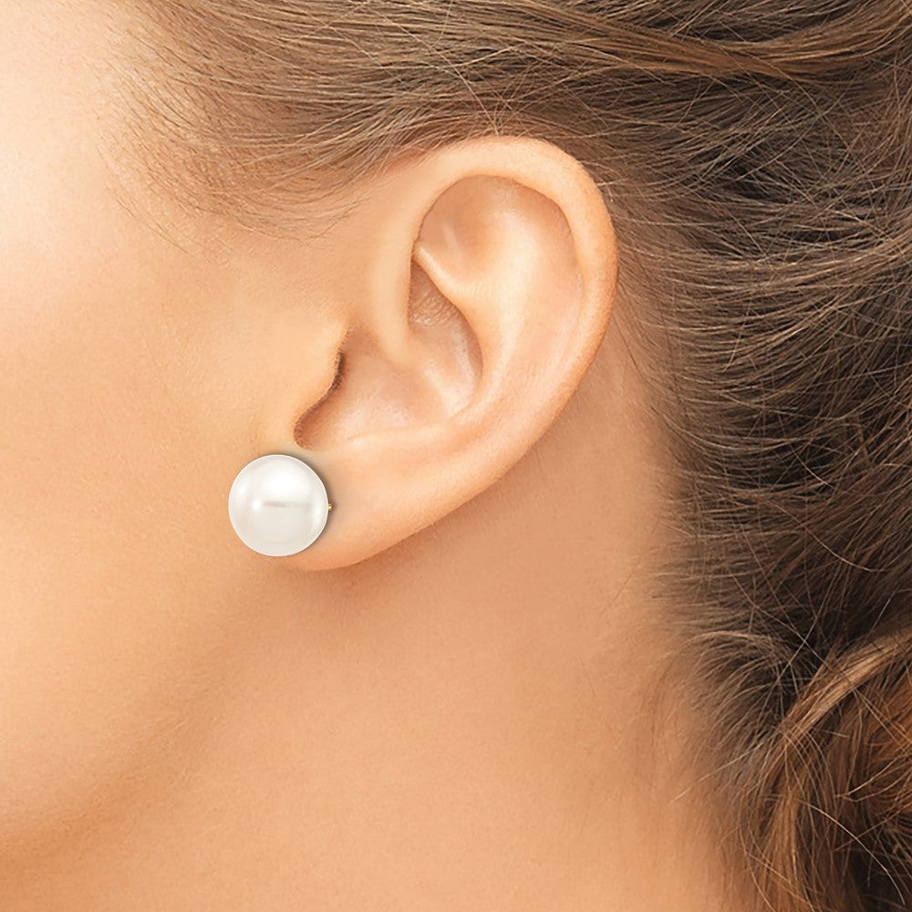 10K Yellow Gold 11-12mm White Button Freshwater Cultured Pearl Stud Post Earrings