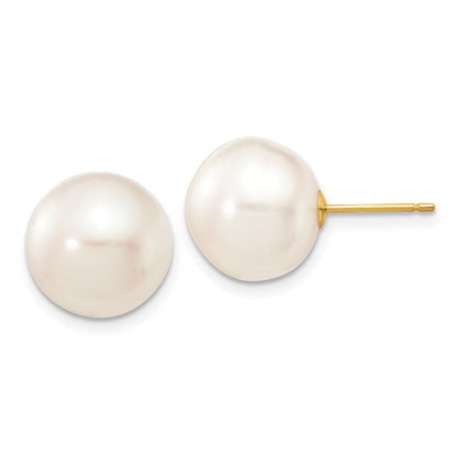 10K Yellow Gold 11-12mm White Button Freshwater Cultured Pearl Stud Post Earrings