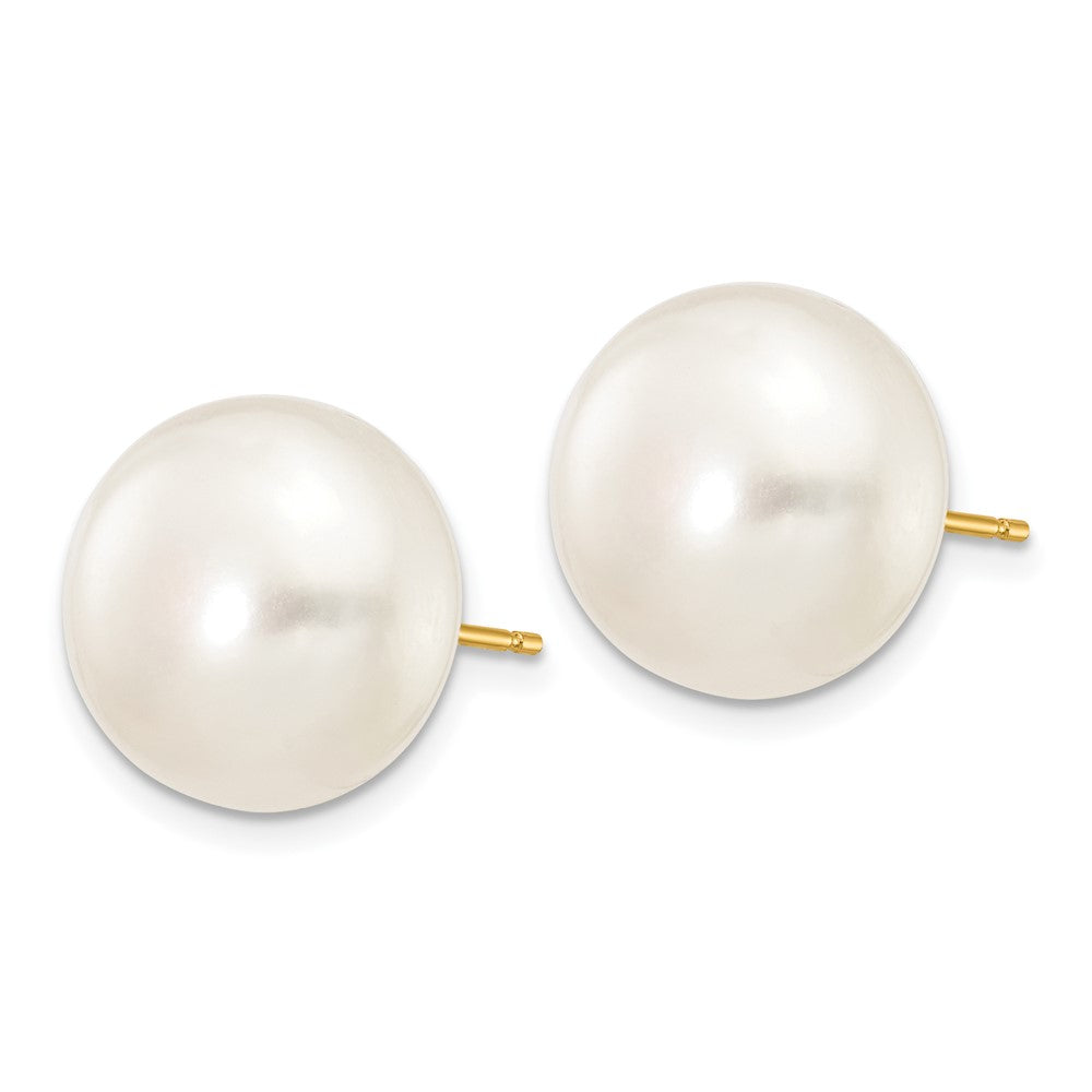 10K Yellow Gold 12-13mm White Button Freshwater Cultured Pearl Stud Post Earrings