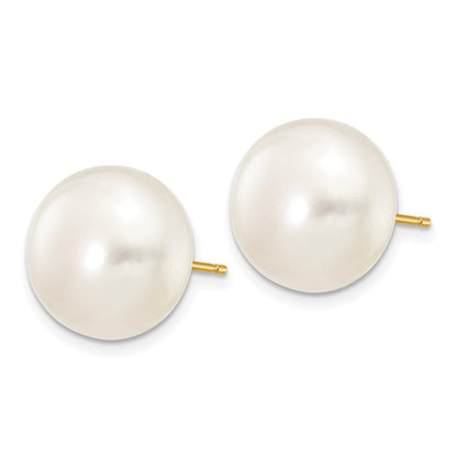 10K Yellow Gold 12-13mm White Button Freshwater Cultured Pearl Stud Post Earrings
