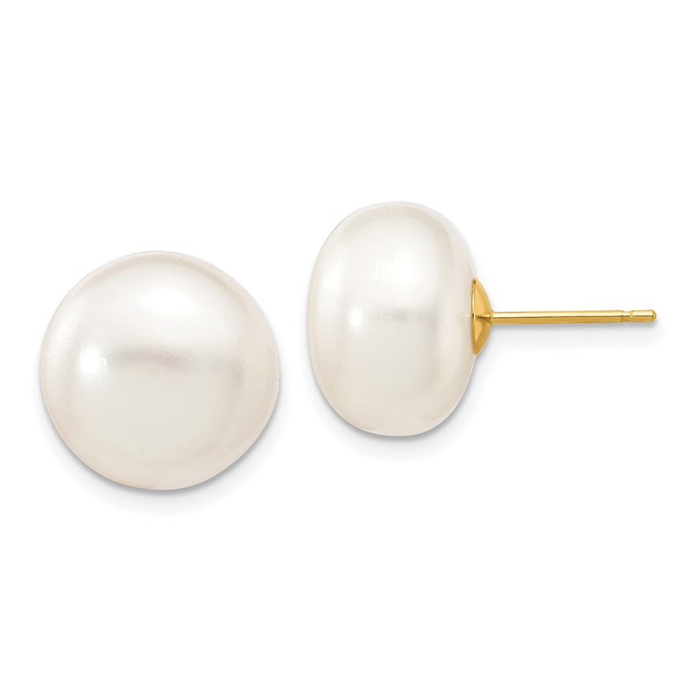 10K Yellow Gold 12-13mm White Button Freshwater Cultured Pearl Stud Post Earrings