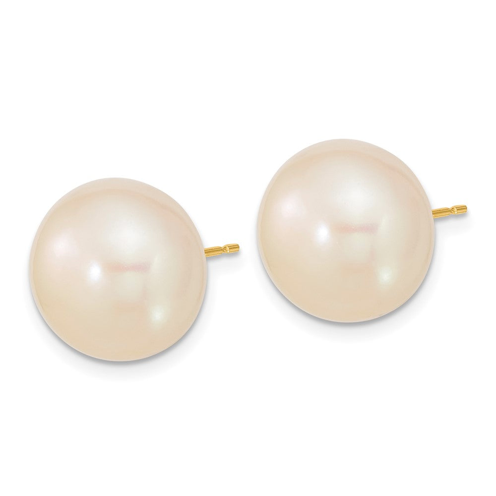 10K Yellow Gold 13-14mm White Button Freshwater Cultured Pearl Stud Post Earrings