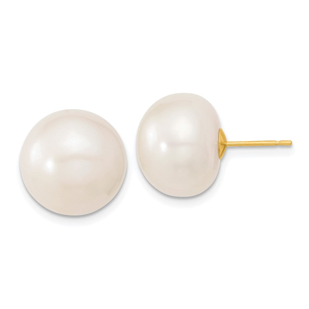 10K Yellow Gold 13-14mm White Button Freshwater Cultured Pearl Stud Post Earrings