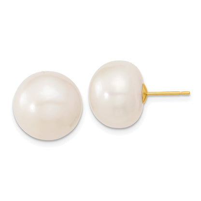 10K Yellow Gold 13-14mm White Button Freshwater Cultured Pearl Stud Post Earrings