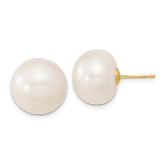 10K Yellow Gold 13-14mm White Button Freshwater Cultured Pearl Stud Post Earrings