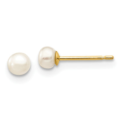 10K Yellow Gold 3-4mm White Button Freshwater Cultured Pearl Stud Post Earrings