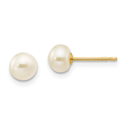 10K Yellow Gold 5-6mm White Button Freshwater Cultured Pearl Stud Post Earrings