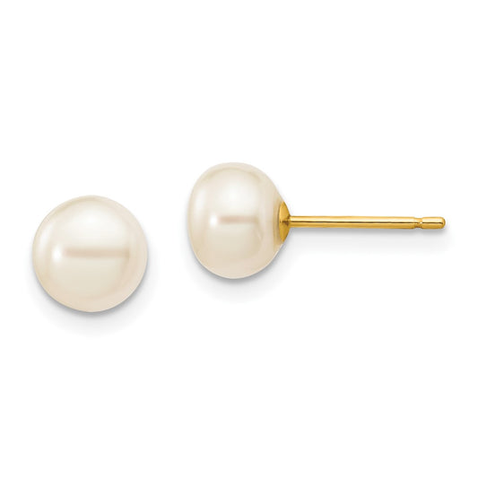 10K Yellow Gold 6-7mm White Button Freshwater Cultured Pearl Stud Post Earrings