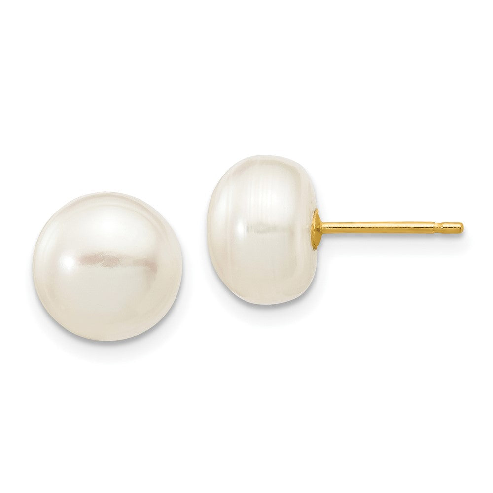 10K Yellow Gold 8-9mm White Button Freshwater Cultured Pearl Stud Post Earrings