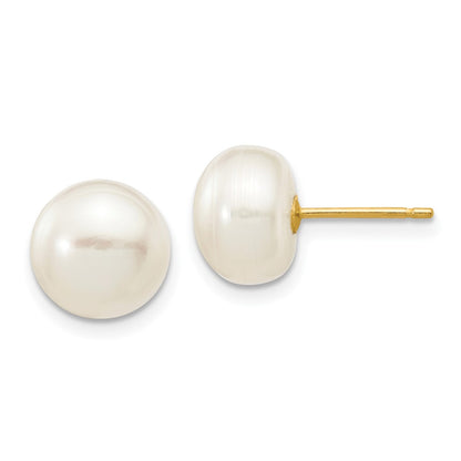 10K Yellow Gold 8-9mm White Button Freshwater Cultured Pearl Stud Post Earrings