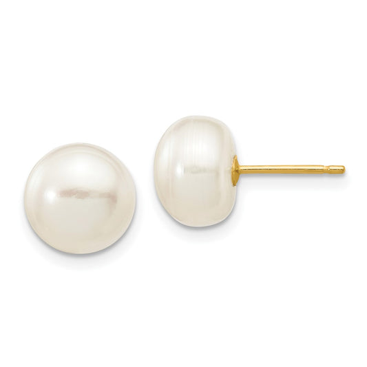 10K Yellow Gold 8-9mm White Button Freshwater Cultured Pearl Stud Post Earrings