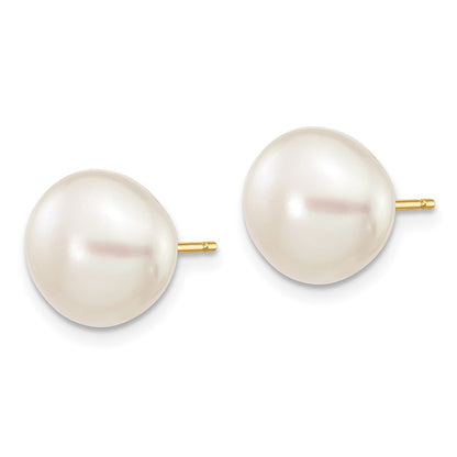 10K Yellow Gold 9-10mm White Button Freshwater Cultured Pearl Stud Post Earrings
