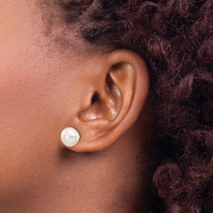 10K Yellow Gold 9-10mm White Button Freshwater Cultured Pearl Stud Post Earrings