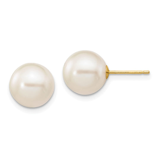 10K Yellow Gold 9-10mm White Round Freshwater Cultured Pearl Stud Post Earrings