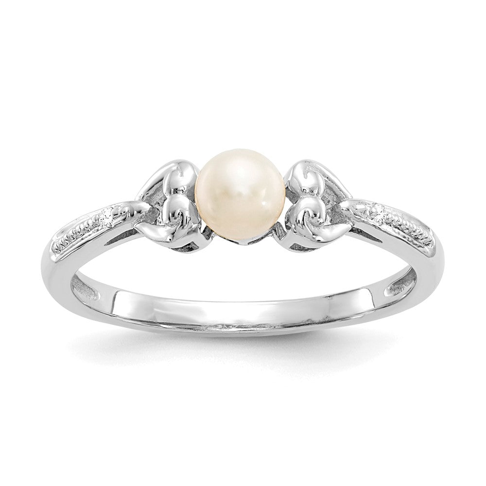14K White Gold FW Cultured Pearl and Real Diamond Ring