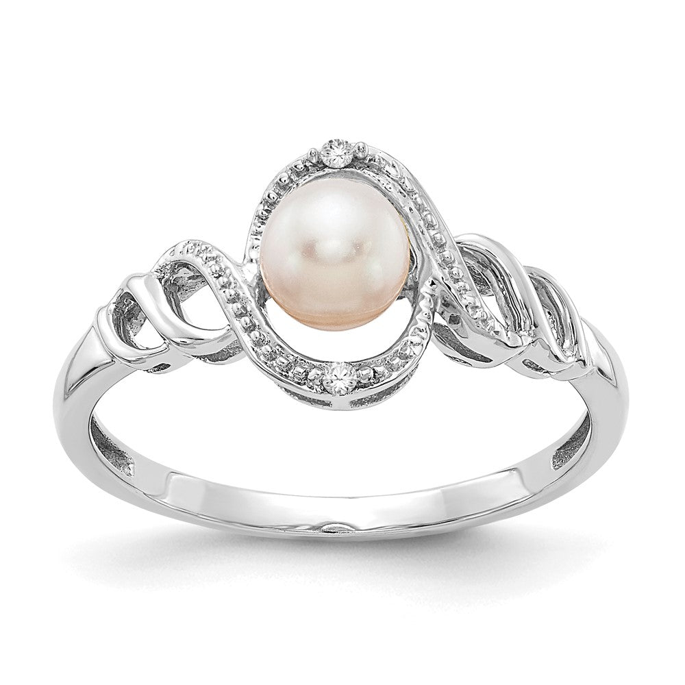 14K White Gold FW Cultured Pearl and Real Diamond Ring