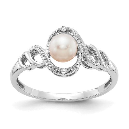 14K White Gold FW Cultured Pearl and Real Diamond Ring