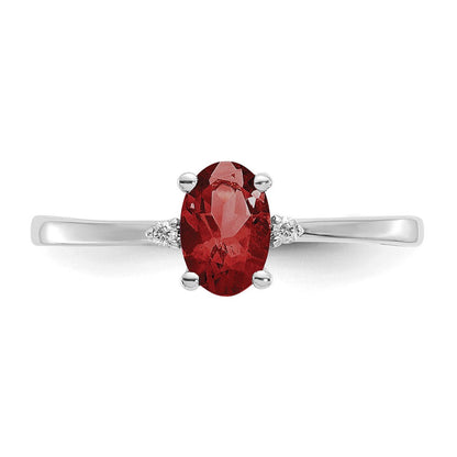 14K White Gold Polished Geniune Real Diamond & Garnet Birthstone Ring