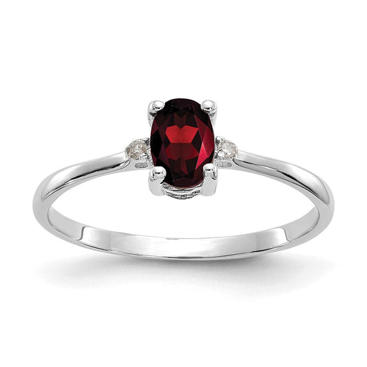 14K White Gold Polished Geniune Real Diamond & Garnet Birthstone Ring