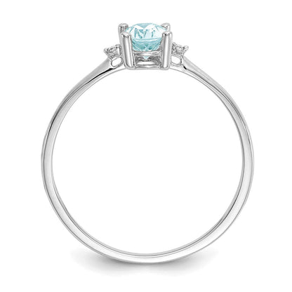 14K White Gold Polished Geniune Real Diamond & Aquamarine Birthstone Ring