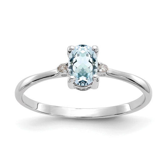 10K White Gold Polished Genuine Diamond And Aquamarine Birthstone Ring