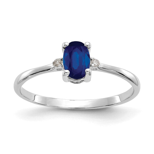 14K White Gold Polished Geniune Real Diamond & Sapphire Birthstone Ring