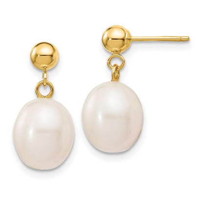 10K Yellow Gold 8-9mm White Rice Freshwater Cultured Pearl Dangle Post Earrings