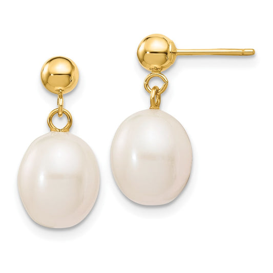 10K Yellow Gold 8-9mm White Rice Freshwater Cultured Pearl Dangle Post Earrings