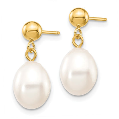 10K Yellow Gold 7-8mm White Rice Freshwater Cultured Pearl Dangle Post Earrings