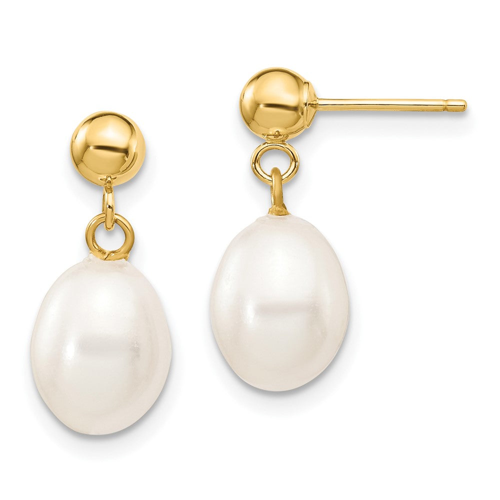 10K Yellow Gold 7-8mm White Rice Freshwater Cultured Pearl Dangle Post Earrings